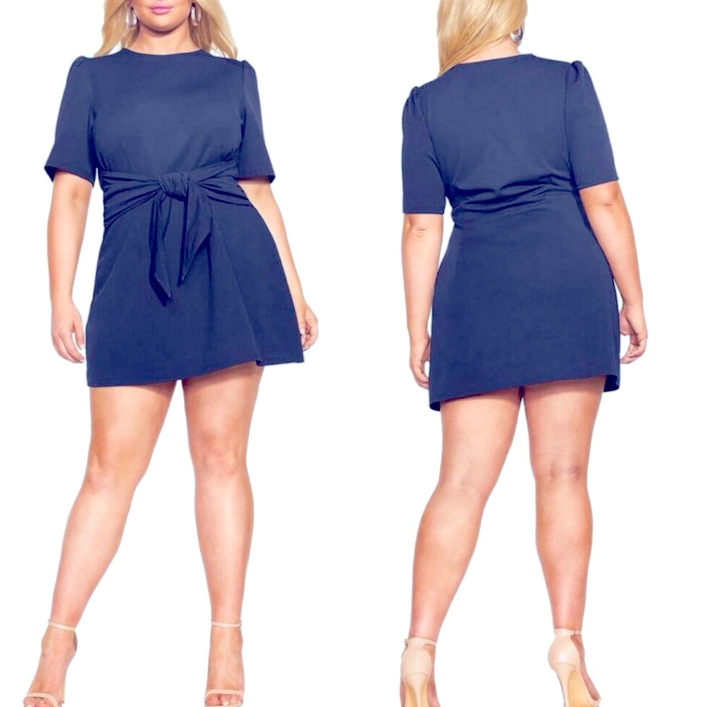 City Chic Navy Party Short Puff Sleeve Mini Dress Plus NWT tie point plus blue